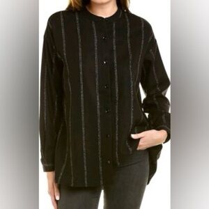 Eileen Fisher All Wool Striped Button Up Black White Long Sleeve Shirt Size XS
